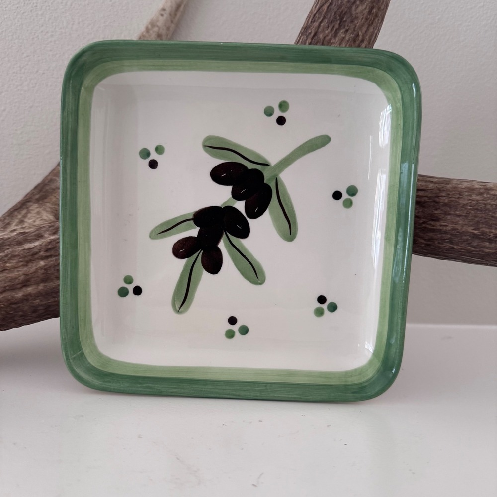 Inspirado IDC StoneLite Hand Painted Olive Square Ceramic Dish Green White 5.5"
